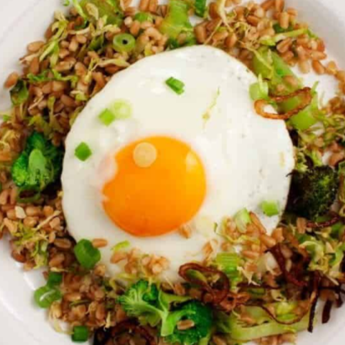 Egg Fried Farro with Brussel Sprouts