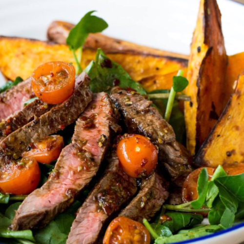 Beef Tagliata with Roast Sweet Potatoes, Toms & Watercress