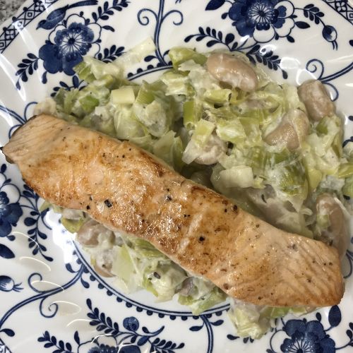 Salmon with Creamy Leeks & Butter Beans