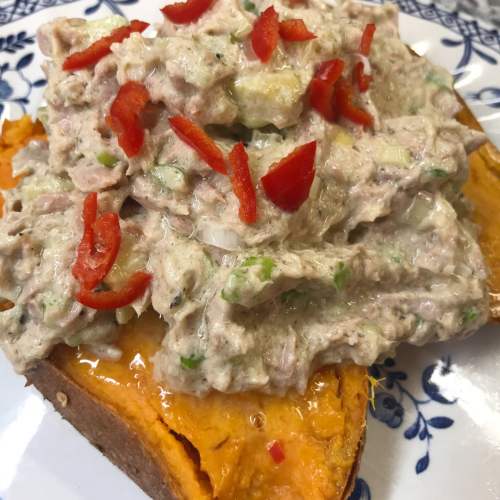 Sweet Potato Jackets with Tuna Crunch & Avo