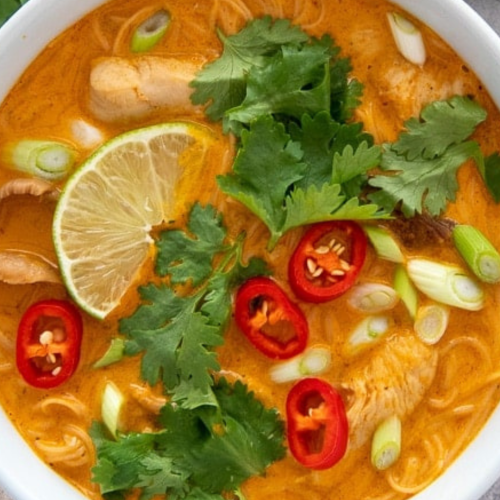 Veg-Packed Thai Chicken & Coconut Soup with Noodles