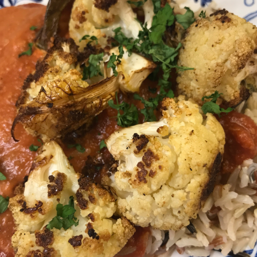 Roast Cauli in a Tomato, Cashew Sauce with Brown Rice