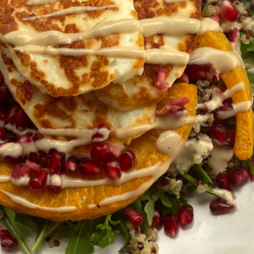 Halloumi, Chickpea and Squash Salad with Tahini Dressing