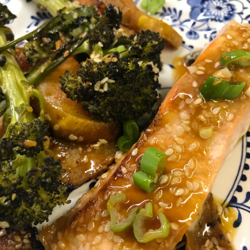 Roast Salmon, Purple Sprouting Broccoli & Sweet Potato